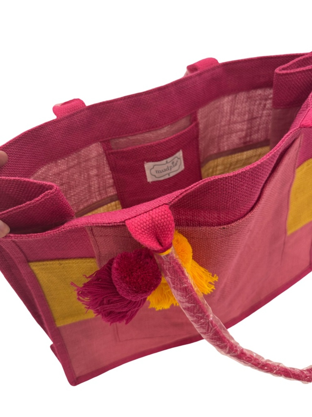 Mud Pie Hot Pink Tote with Yellow Accent Pom Poms